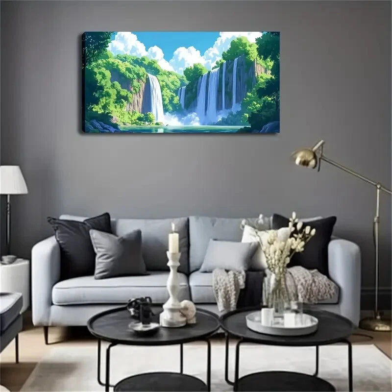 Waterfalls & Green Trees Lands Wall Art Canvas Office Home Room Framed 120x60cm - Bella Home Decor