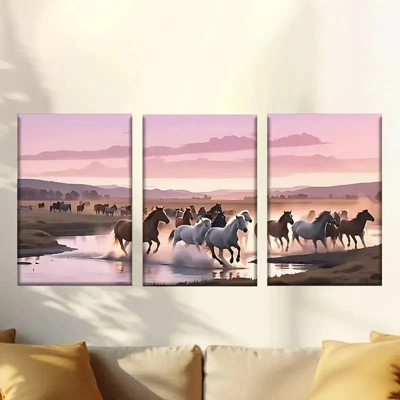 3pcs Vibrant Horse Herd Running Across River Wall Art Set Canvas Framed 60x90cm - High Quality Print 100% Australian Made Wall Canvas Ready to Hang