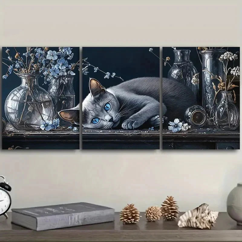 3pcs Lazy Cat Art Wall Hanging Wall Art Set Canvas Framed 40x60cm - High Quality Print 100% Australian Made Wall Canvas Ready to Hang