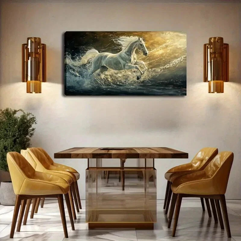 Horse Galloping on Sunlit Sea Wall Art Canvas Office Home Room Framed 120x60cm - Bella Home Decor