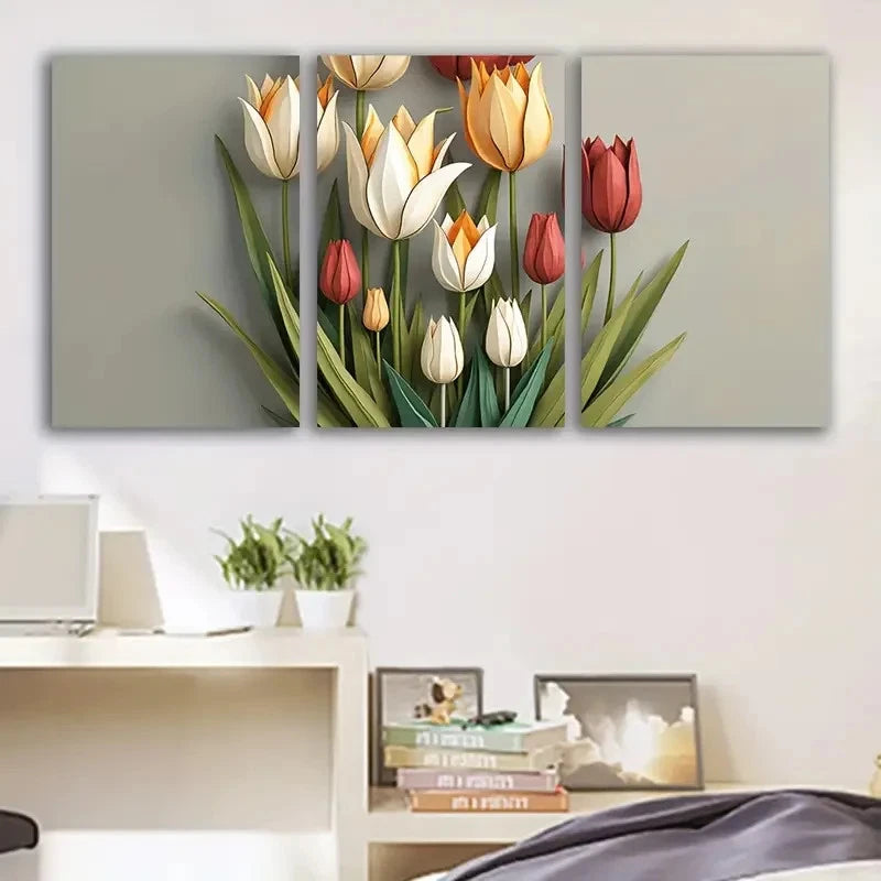 3pcs Red White & Yellow Tulips With Green Leaves Wall Art Set Canvas Framed 40x60cm - High Quality Print 100% Australian Made Wall Canvas Ready to Hang