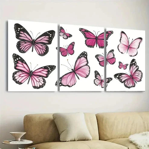 3pcs Farm Style, Pink Butterfly Des Wall Art Canvas Unframed - High Quality Print 100% Australian Made Wall Canvas