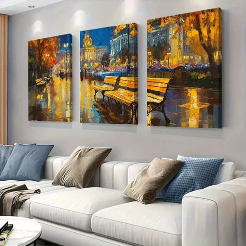 3 PCS Vibrant Autumn Night Cityscape Wall Art Set Canvas Unframed - High Quality Print 100% Australian Made Wall Canvas
