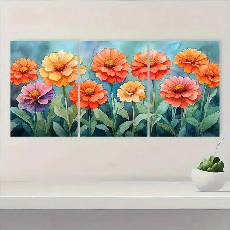 3pcs Zinnia Watercolor Floral RT Wall Art Set Canvas Framed 40x60cm - High Quality Print 100% Australian Made Wall Canvas Ready to Hang