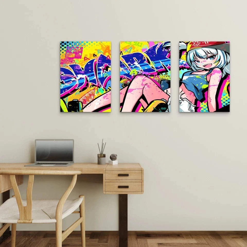 3pcs Urban Street Graffiti Pop Neon Splatter Wall Art Set Canvas Framed 50x70cm - High Quality Print 100% Australian Made Wall Canvas Ready to Hang