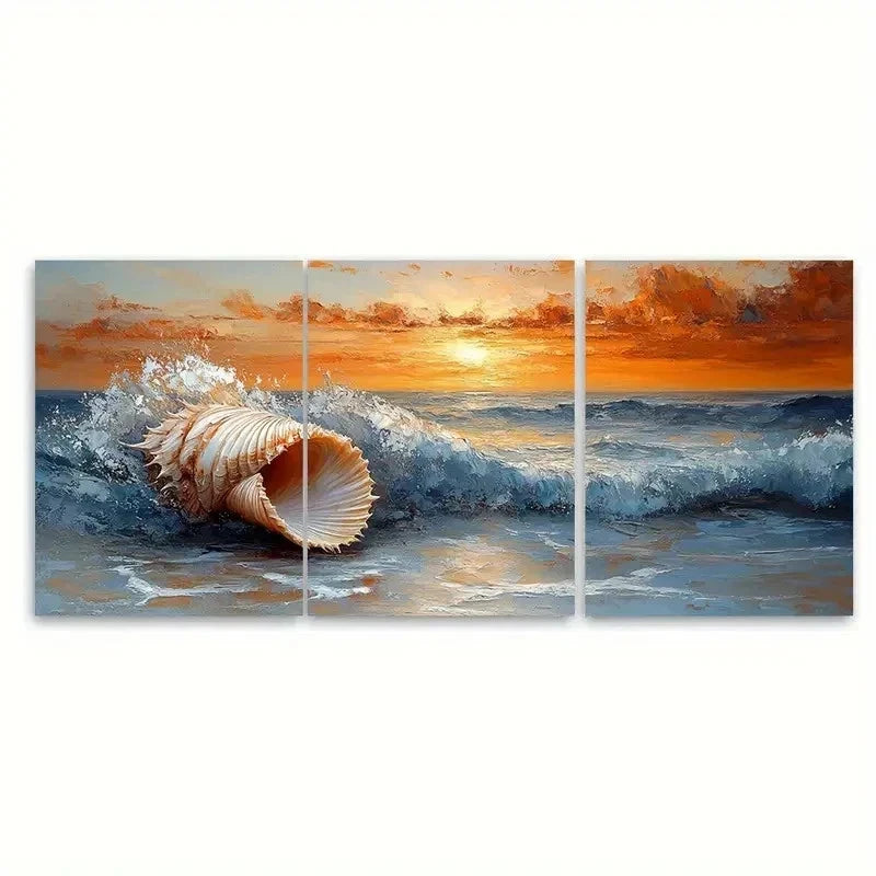 3pcs Seashell Impasto Seashell R Wall Art Set Canvas Framed 60x90cm - High Quality Print 100% Australian Made Wall Canvas Ready to Hang