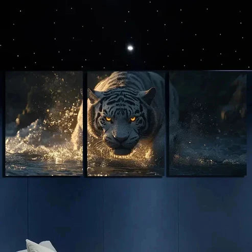 3pcs White Tiger With Glowing Eyes Wall Art Canvas Unframed – High Quality Print 100% Australian Made Wall Canvas