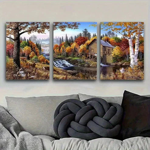 3pcs Autumn Cabin Landscape Wall Art Canvas Unframed - High Quality Print 100% Australian Made Wall Canvas - Bella Home Decor