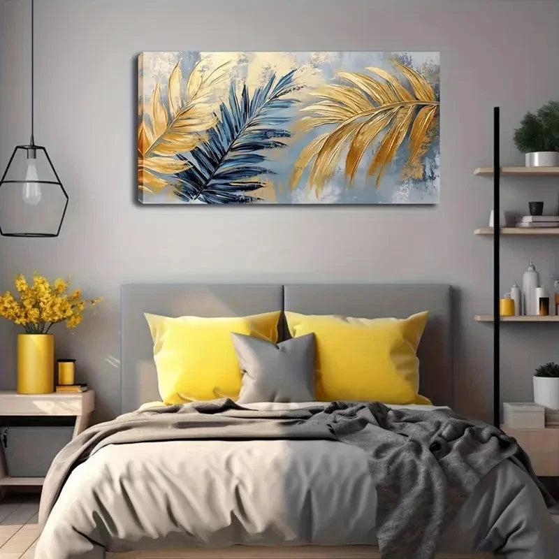Golden & Blue Palm Leaves Wall Art canvas office home room framed 120x60cm - Bella Home Decor
