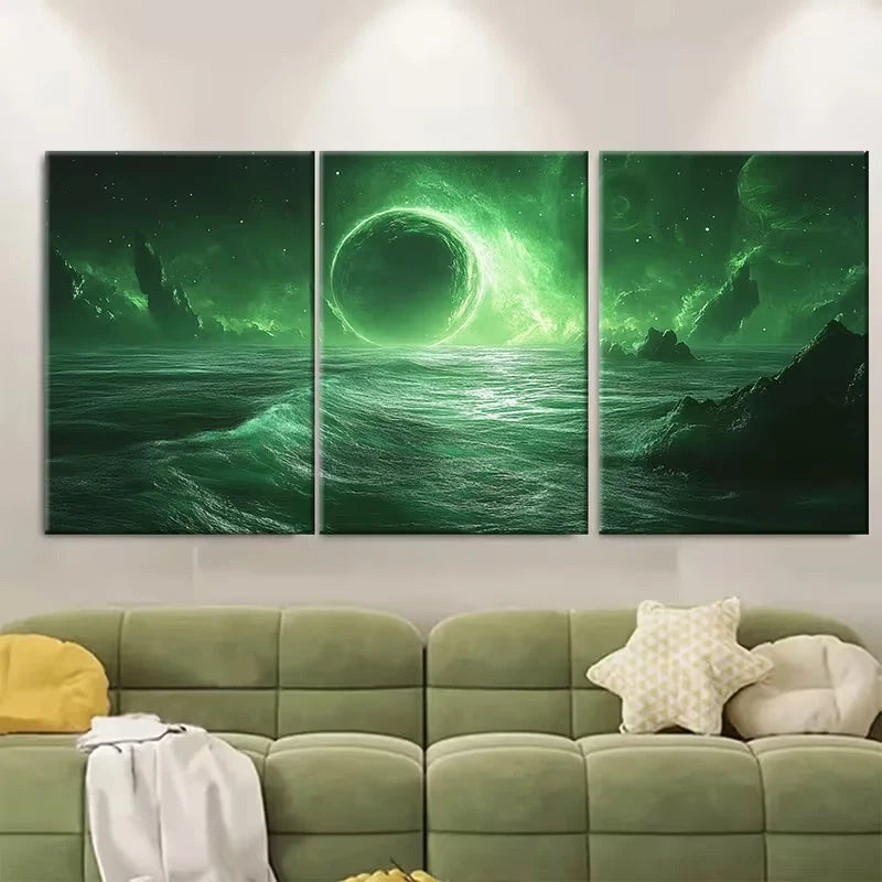 3pcs Astronaut Sea Glowing Green Fantasy Metal Print Ready to Hang Art