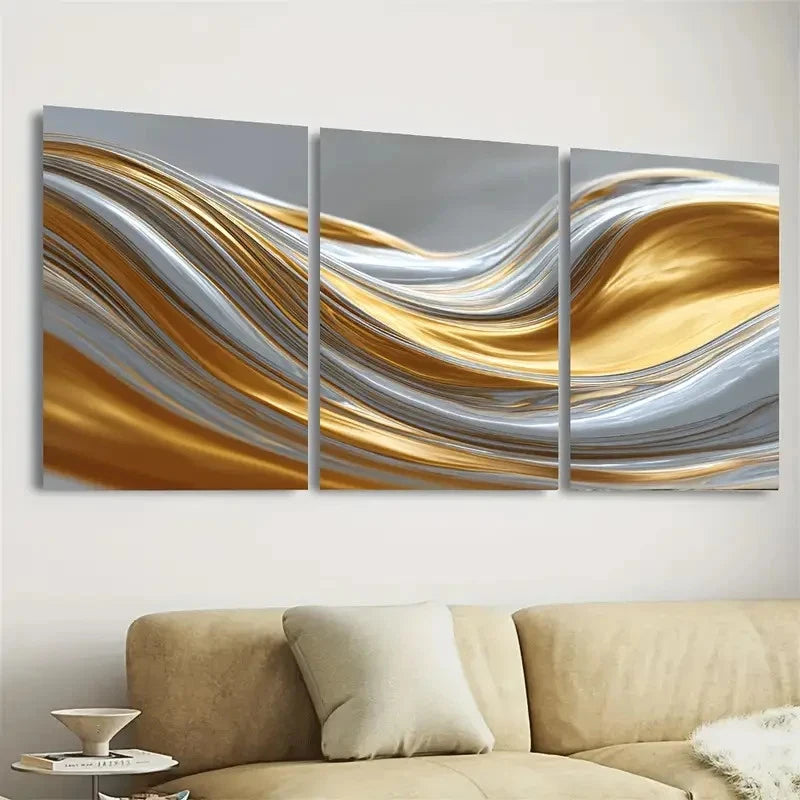 3pcs Elegant Golden Silvery Wave Fluid Accent Wall Art Set Canvas Framed 40x60cm - High Quality Print 100% Australian Made Wall Canvas Ready to Hang
