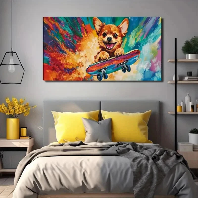 Dog Skateboard Decor Wall Art Canvas Office Home Room Framed 120x60cm