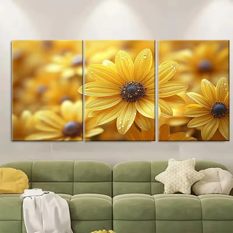 3pcs Vibrant Sunshine Golden Floral Metal Print Ready to Hang Art