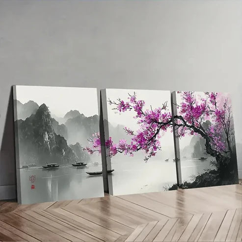3pcs Purple Plum Blossoms In Full Bloom Set Canvas Unframed - High Quality Print 100% Australian Made Wall Canvas