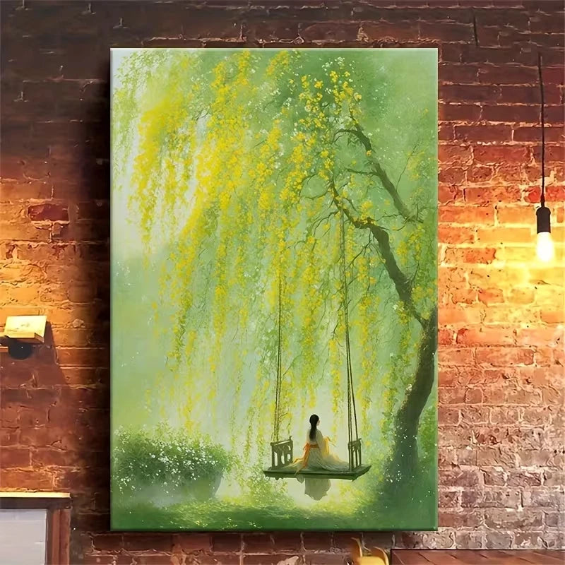 Woman Swinging Under Blossoming Tree 60x90cm Metal Print Ready to Hang