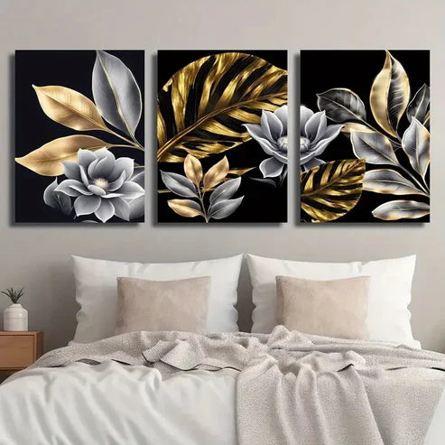 3pcs Golden Plant Leaves Floral Wall Art Set Canvas Unframed - High Quality Print 100% Australian Made Wall Canvas - Bella Home Decor