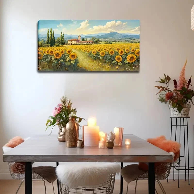 Rustic Sunflower Field Houses Wall Art Canvas Office Home Room Framed 120x60cm - Bella Home Decor