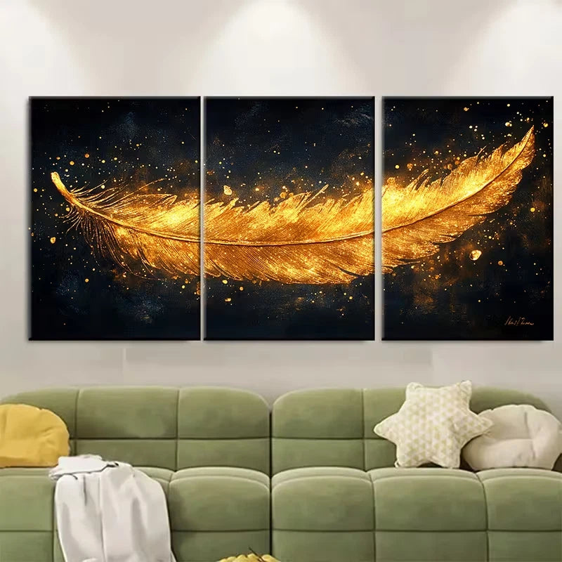 3pcs Abstract Golden Feather Glittery Metal Print Ready to Hang Art