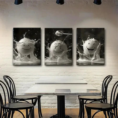 3pcs Smiling Milk Splash Whimsical Perfect Wall Art Set Canvas Unframed - High Quality Print 100% Australian Made Wall Canvas