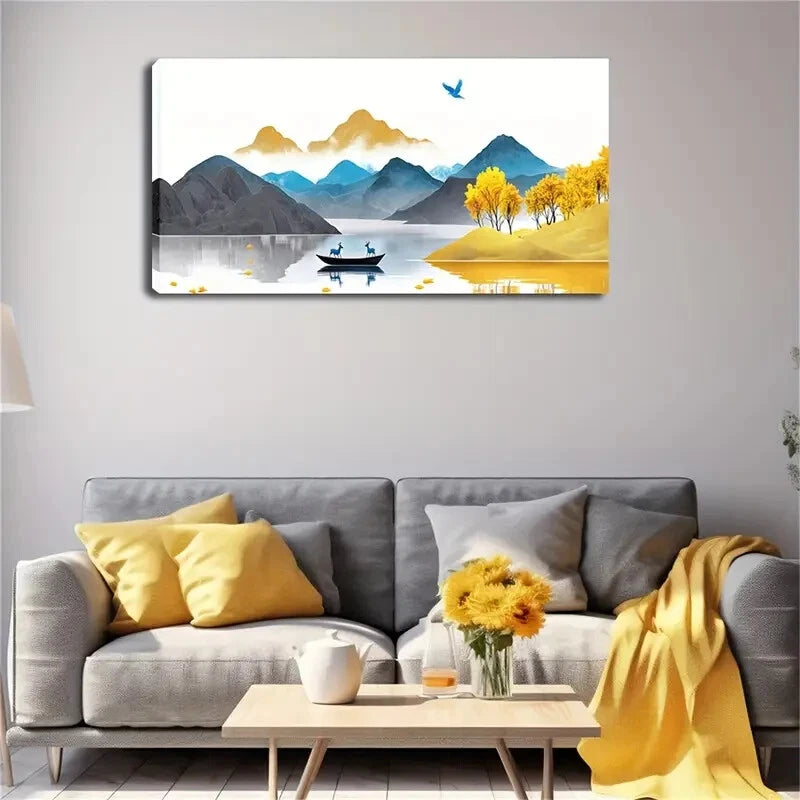 Golden Tree And Grass Boat Wall Art Canvas Office Home Room Framed 120x60cm - Bella Home Decor