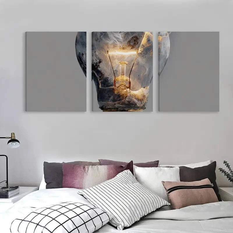 3pcs A Light Bulb with Smoke Coming out Wall Art Set Canvas Framed 60x90cm - High Quality Print 100% Australian Made Wall Canvas Ready to Hang - Bella Home Decor