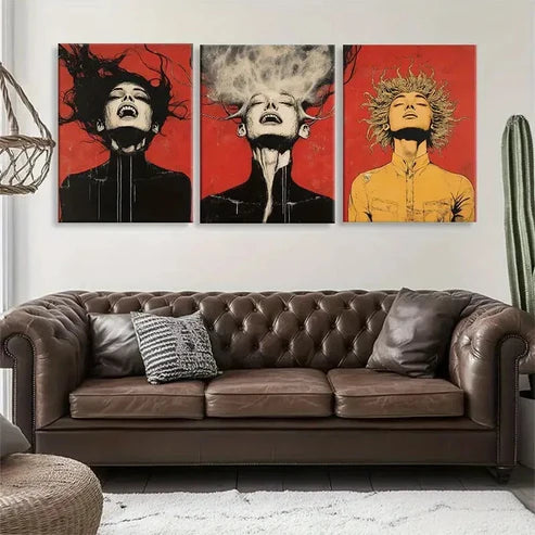 3pcs Dramatic Faces with Surreal Hair Perfect Wall Art Set Canvas Unframed - High Quality Print 100% Australian Made Wall Canvas - Bella Home Decor