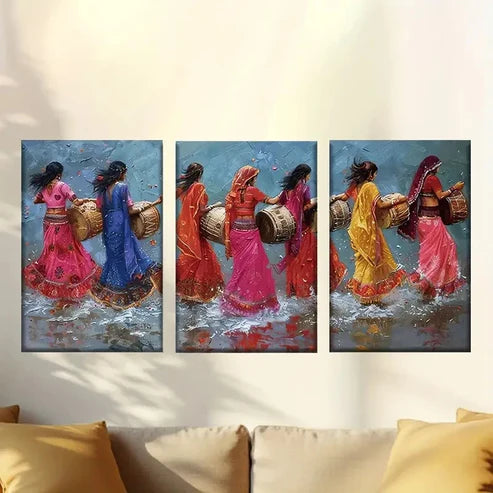 3pcs Vibrant Indian Dancers Traditional Attire Wall Art Canvas Unframed - High Quality Print 100% Australian Made Wall Canvas