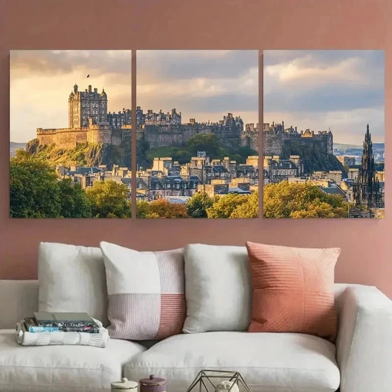 3pcs Edinburgh Castle Cityscape Scotland Perfect Wall Art Canvas Framed 60x90cm - Bella Home Decor