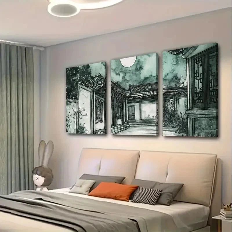 3pcs Chinese Courtyard Under the NorthernWall Art Canvas Framed 40x60cm - High Quality Print 100% Australian Made Wall Canvas Ready to Hang - Bella Home Decor