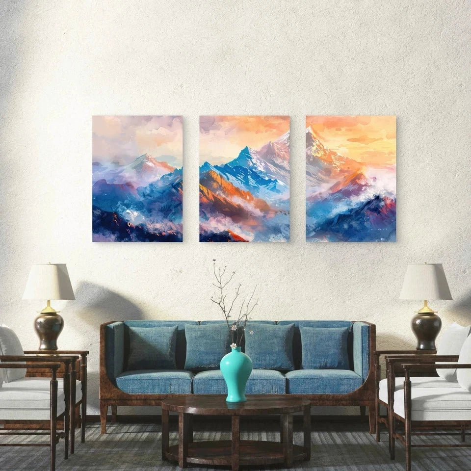 3pcs Majestic Sunlit Peaks At Dawn Wall Art Set Canvas Framed 50x70cm - High Quality Print 100% Australian Made Wall Canvas Ready to Hang