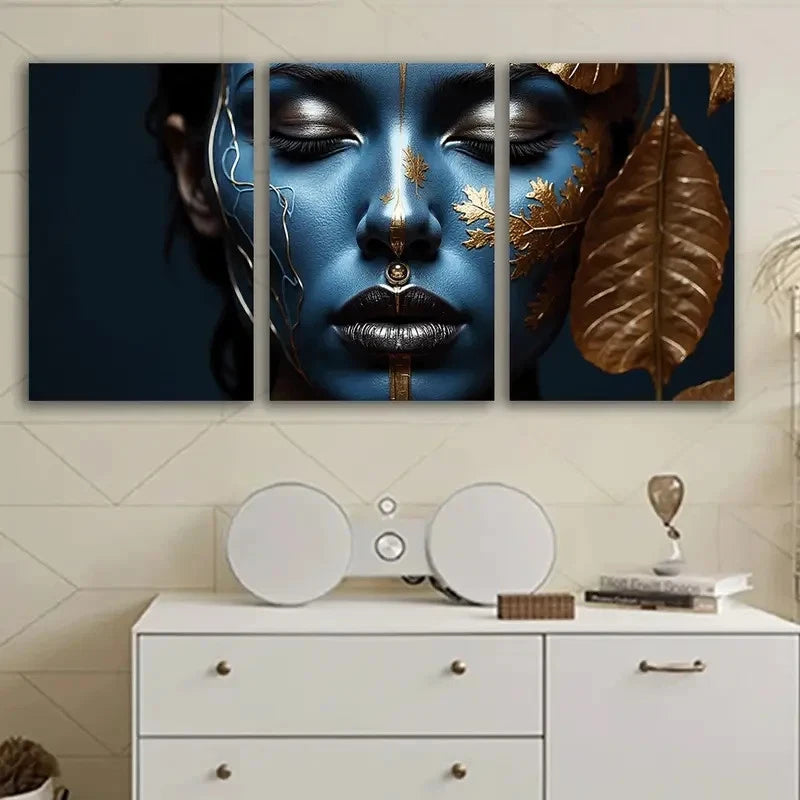 3pcs Woman With Blue Face Paint Wall Art Set Canvas Framed 40x60cm - High Quality Print 100% Australian Made Wall Canvas Ready to Hang
