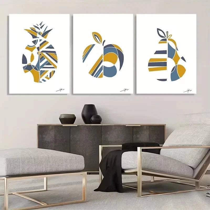 3pcs Mustard Yellow and Blue Geometric Fruit Wall Art Set Canvas Framed 50x70cm - High Quality Print 100% Australian Made Wall Canvas Ready to Hang