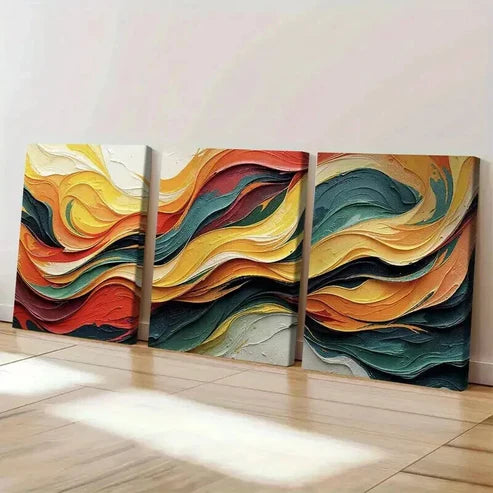 3pcs Swirling Waves in Red Yellow Green & Orange Art Set Canvas Unframed - High Quality Print 100% Australian Made Wall Canvas