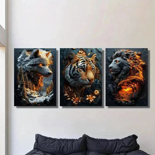 3pcs Majestic Tigers Wolves & Lions in Forest Wall Art Canvas Unframed – High Quality Print 100% Australian Made Wall Canvas