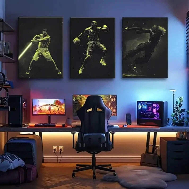 3pcs Neon Basketball Sci-Fi Futuristic Perfect Wall Art Set Canvas Framed 50x70cm - High Quality Print 100% Australian Made Wall Canvas Ready to Hang
