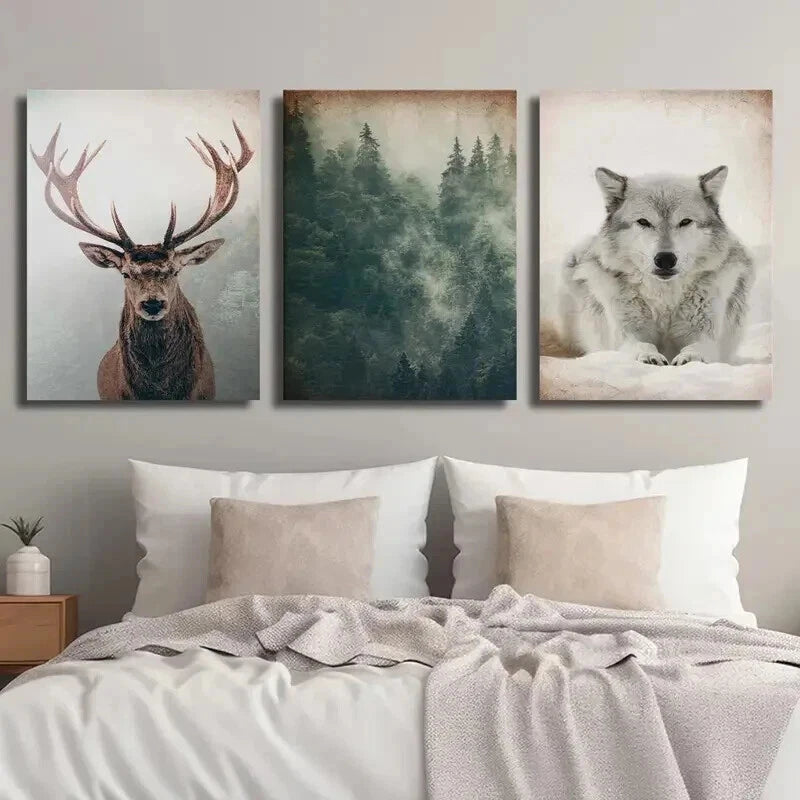 3pcs Vintage Forest and Animals Deer and Wolf Wall Art Set Canvas Framed 60x90cm - High Quality Print 100% Australian Made Wall Canvas Ready to Hang