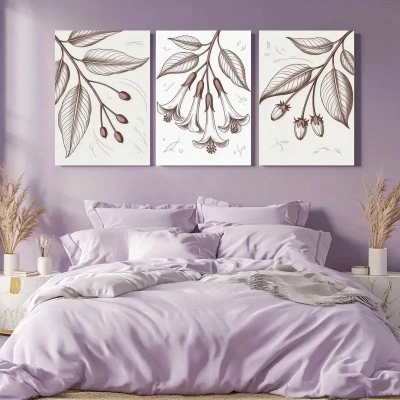 3pcs Botanical Leaves, Bell Flowers Wall Art Set Canvas Framed 60x90cm - High Quality Print 100% Australian Made Wall Canvas Ready to Hang - Bella Home Decor