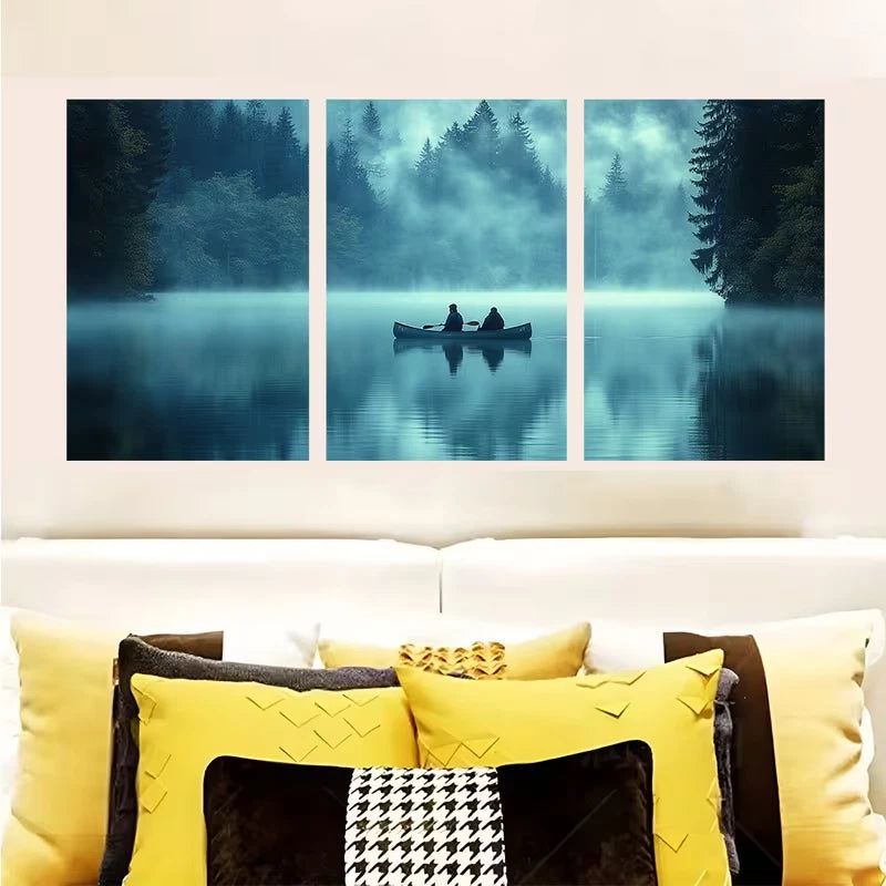 3pcs Misty Lake Blue Green Atmosphere Wall Art Set Canvas Framed 40x60cm - High Quality Print 100% Australian Made Wall Canvas Ready to Hang
