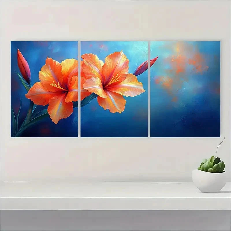 3pcs BoVibrant Orange & Blue Floral Wall Art Set Canvas Framed 50x70cm - High Quality Print 100% Australian Made Wall Canvas Ready to Hang - Bella Home Decor