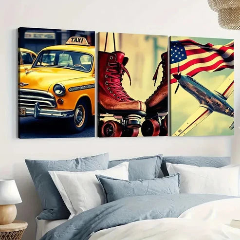 3pcs Retro American Classic Modern Style Car Wall Art Set Canvas Unframed - High Quality Print 100% Australian Made Wall Canvas
