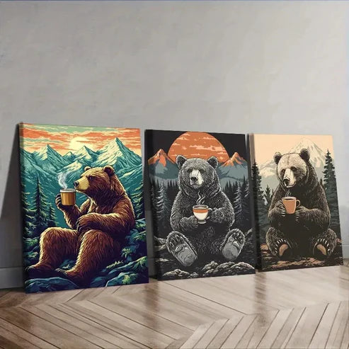 3pcs A Grizzly Bear Sipping Coffee Wall Art Set Canvas Unframed – High Quality Print 100% Australian Made Wall Canvas - Bella Home Decor