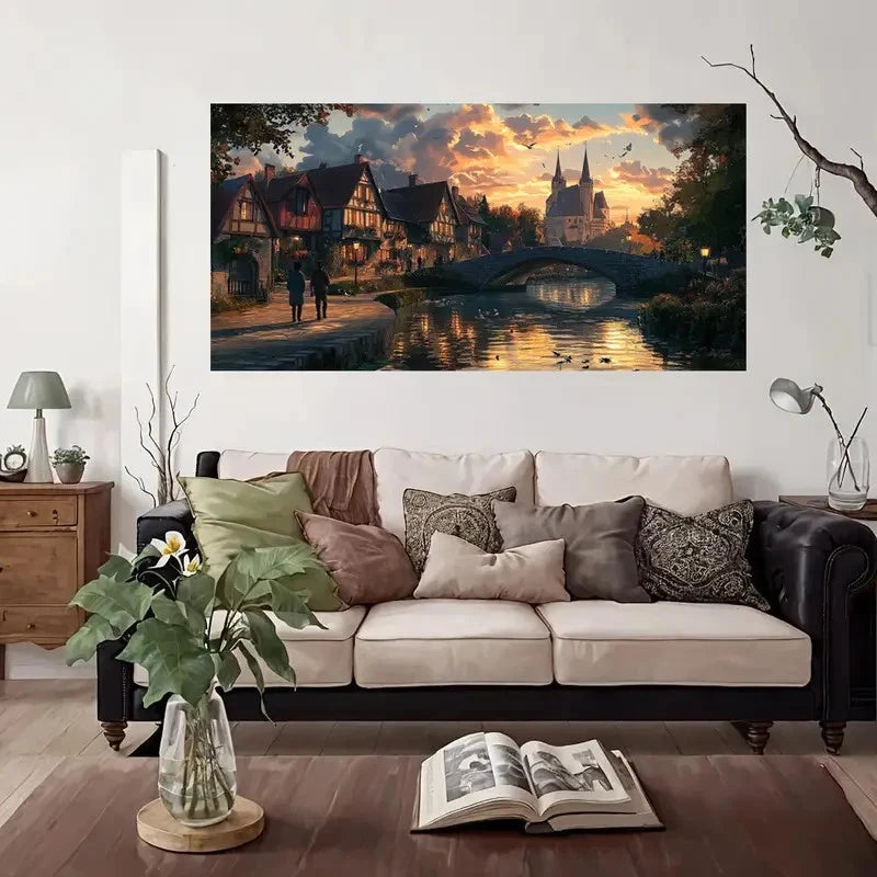 Medieval Village Sunset Wall Art Canvas Office Home Room Framed 120x60cm