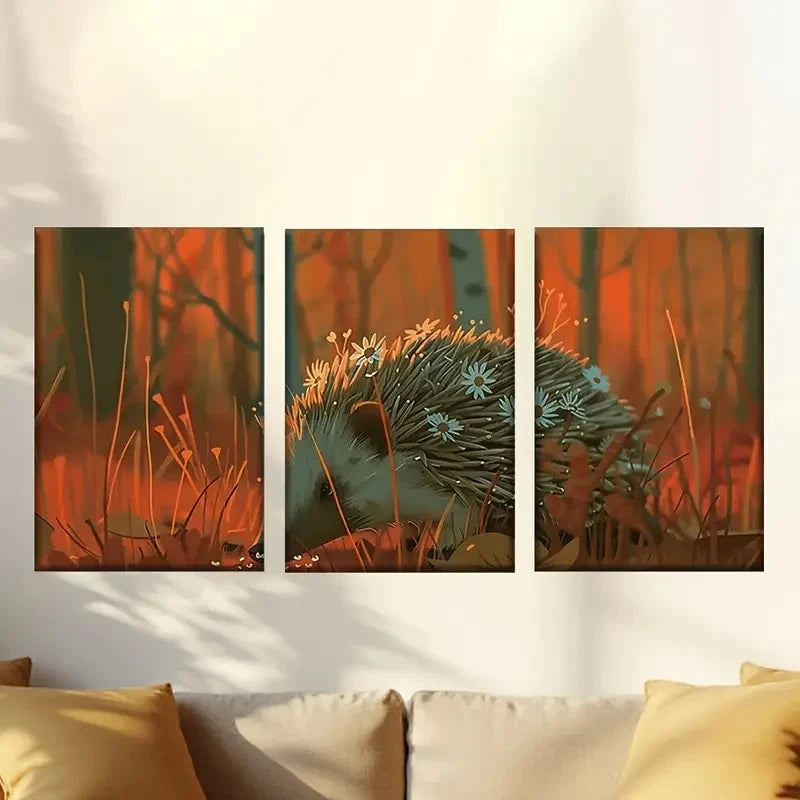 3pcs Hedgehog of the Dusk Forest Wall Art Set Canvas Framed 40x60cm - High Quality Print 100% Australian Made Wall Canvas Ready to Hang
