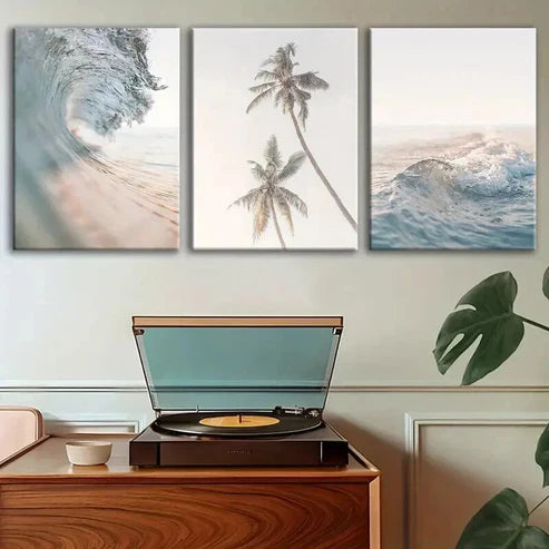 3pcs Sea Waves and Palm Tree Prints Wall Art Set Canvas Unframed - High Quality Print 100% Australian Made Wall Canvas