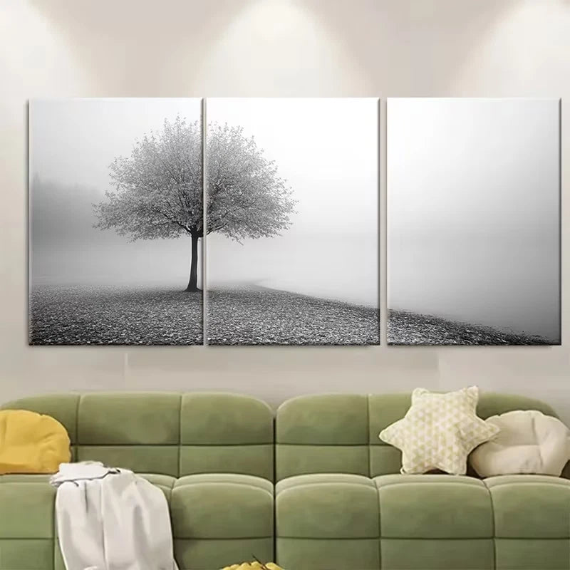 3pcs Calming Grey Landscape With a Solitary Tree Metal Print Ready to Hang Art