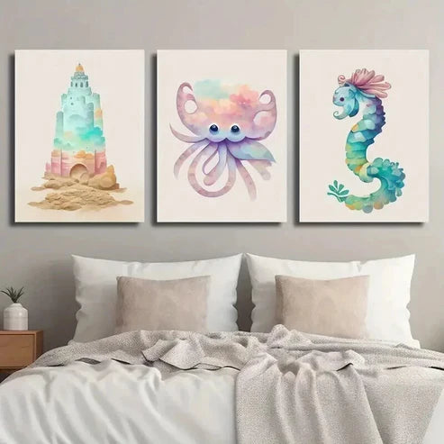 3pcs Sandstone Castle Octopus Seahorse Wall Art Set Canvas Unframed - High Quality Print 100% Australian Made Wall Canvas