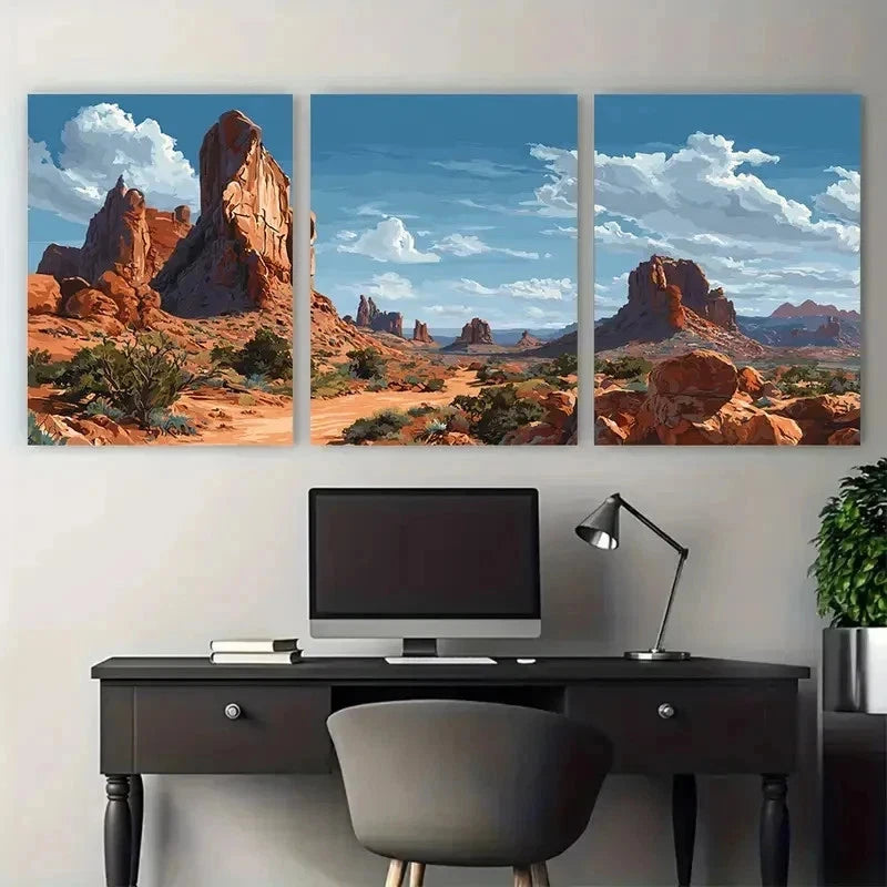 3pcs Illustrated Desert Landscape & Rock Perfect Wall Art Set Canvas Framed 50x70cm - High Quality Print 100% Australian Made Wall Canvas Ready to Hang