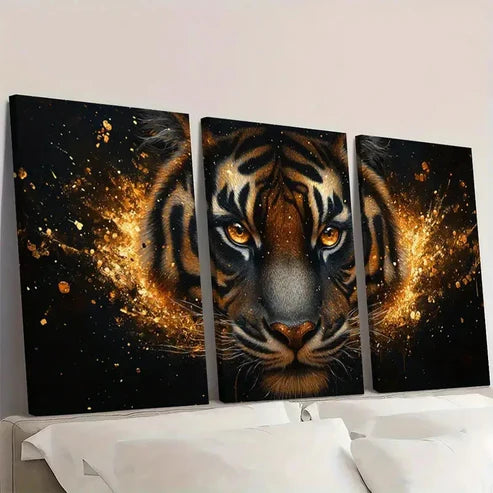 3pcs Black & Golden Celestial Tiger ml Wall Art Set Canvas Unframed - High Quality Print 100% Australian Made Wall Canvas - Bella Home Decor