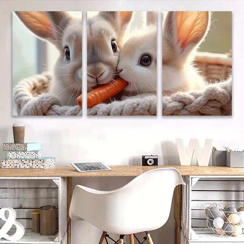 3pcs Adorable Rabbit Eating Carrots Wall Art Set Canvas Framed 60x90cm - High Quality Print 100% Australian Made Wall Canvas Ready to Hang - Bella Home Decor