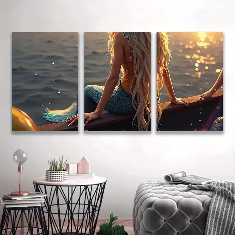 3pcs Ocean Sunset Mermaid Sitting on a Rock Wall Art Set Canvas Framed 50x70cm - High Quality Print 100% Australian Made Wall Canvas Ready to Hang